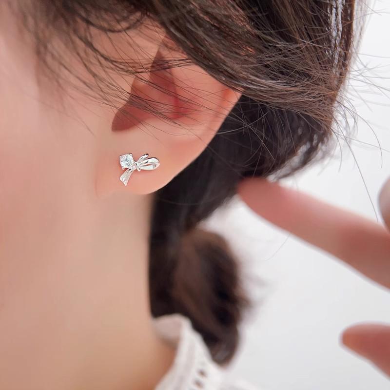 Anenjery Geometric Zircon Star Bowknot Earrings for Female Niche Light Luxury Versatile Fashion Earrings Jewelry Gifts