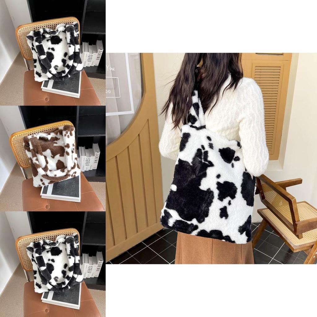 Fashionable Plush Handheld Tote Bag For Women With Luxury Cow Print And Soft Material