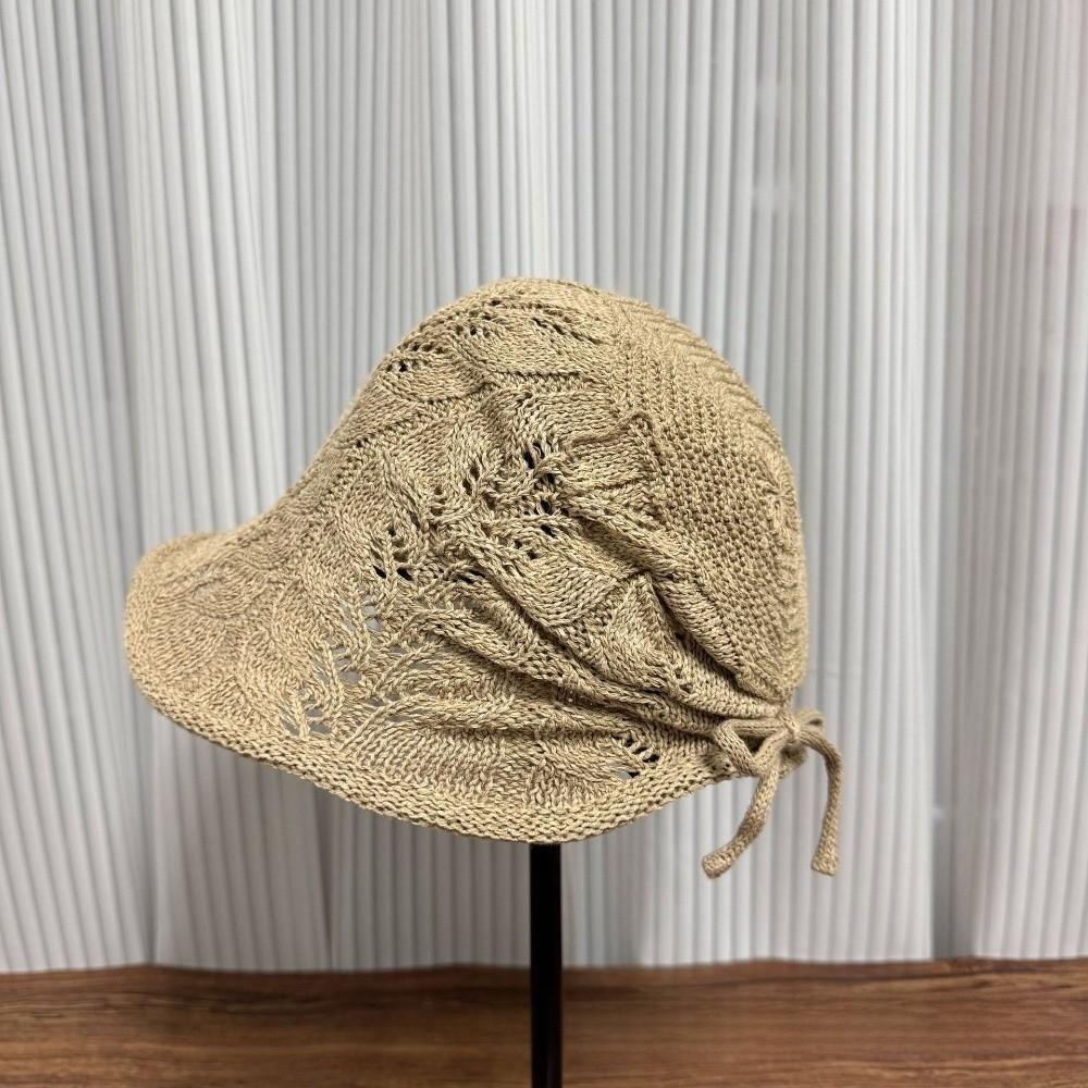 Retro Häkel-Eimerhut mit Lochmuster Sonnenschutz Einfarbige Schirmmütze Weicher verstellbarer gestrickter Fischerhut