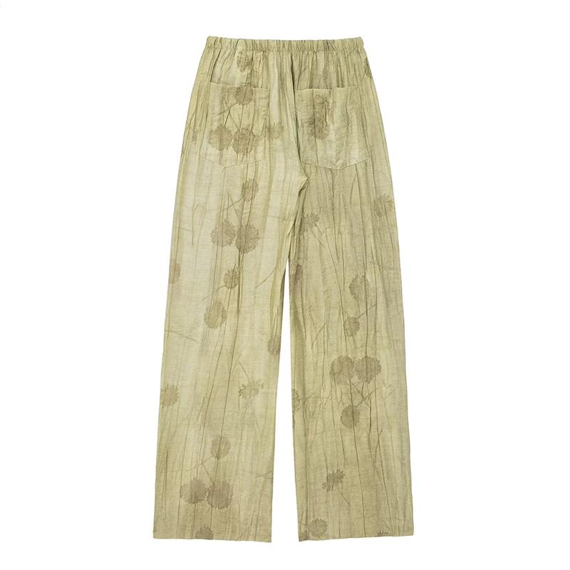 New Linen Tie-dye Print Long Pants Sets For Women Lapel Half Sleeve Single Breasted Shirts Drawstring Wide Leg Pant 2 Pieces Set