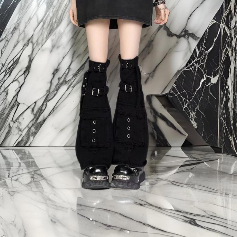 Womens Punk Denims Flared Leg Warmers Eyelets Buckled Strap Pocketed Cargo Boot Cover Over Knee Stockings Streetwear