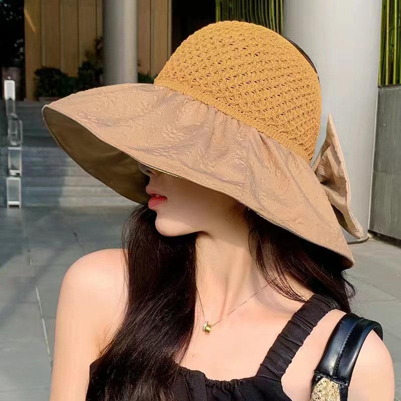 Summer Straw Hat for Women Summer UV Protection Wide Brim Big Bowknot Dome Basin Cap Girls Elegant Travel Outdoor Hat