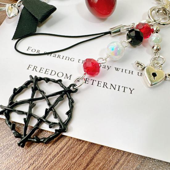 Nyckelring med körsbärspärlor för kvinnor flickor Söt röd körsbärsfruktväska Berlock med rosett Svart stjärna Nyckelring för plånbok Väska Ryggsäck Handväska Tillbehör