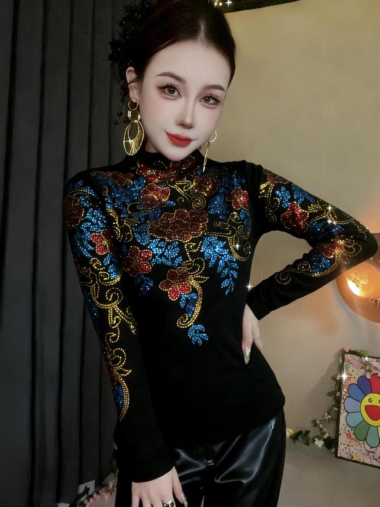 Haut élégant pour femme Automne/Hiver à manches longues, col semi-montant, strass