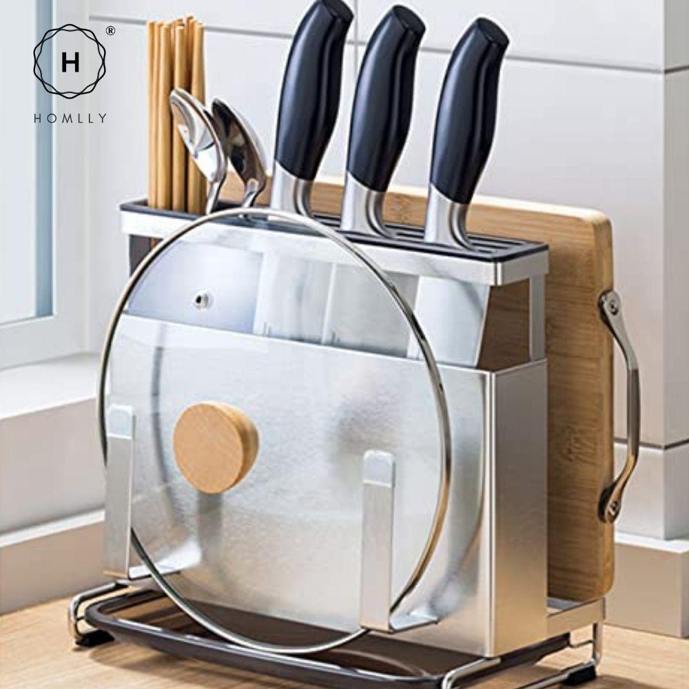 Homlly 4 in 1 kitchen Countertop Knife Block Cutlery Board Lid Organizer Rack
