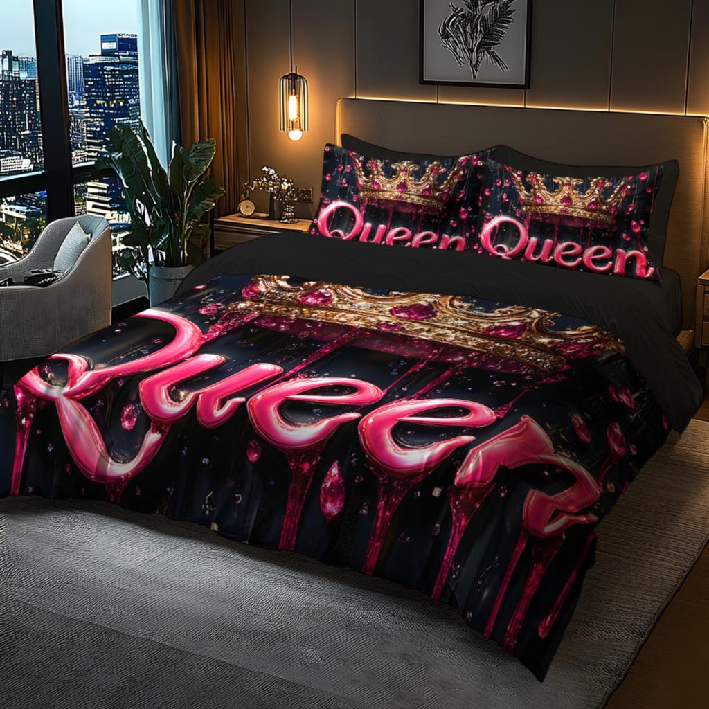 Queen-Themed 3D Crown Pattern Duvet Cover Set Ultra-Soft Microfiber Bedding Fantasy Design Machine Washable For Bedroom And Dorm