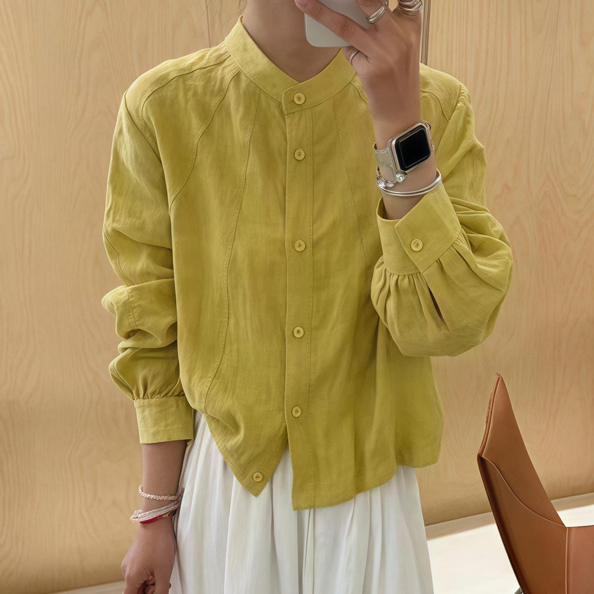 

Блузка женская с длинным рукавом и воротником-стойкой в корейском стиле - Весна 2025, нишевой свободный крой, универсальный дизайн Medium жёлтый