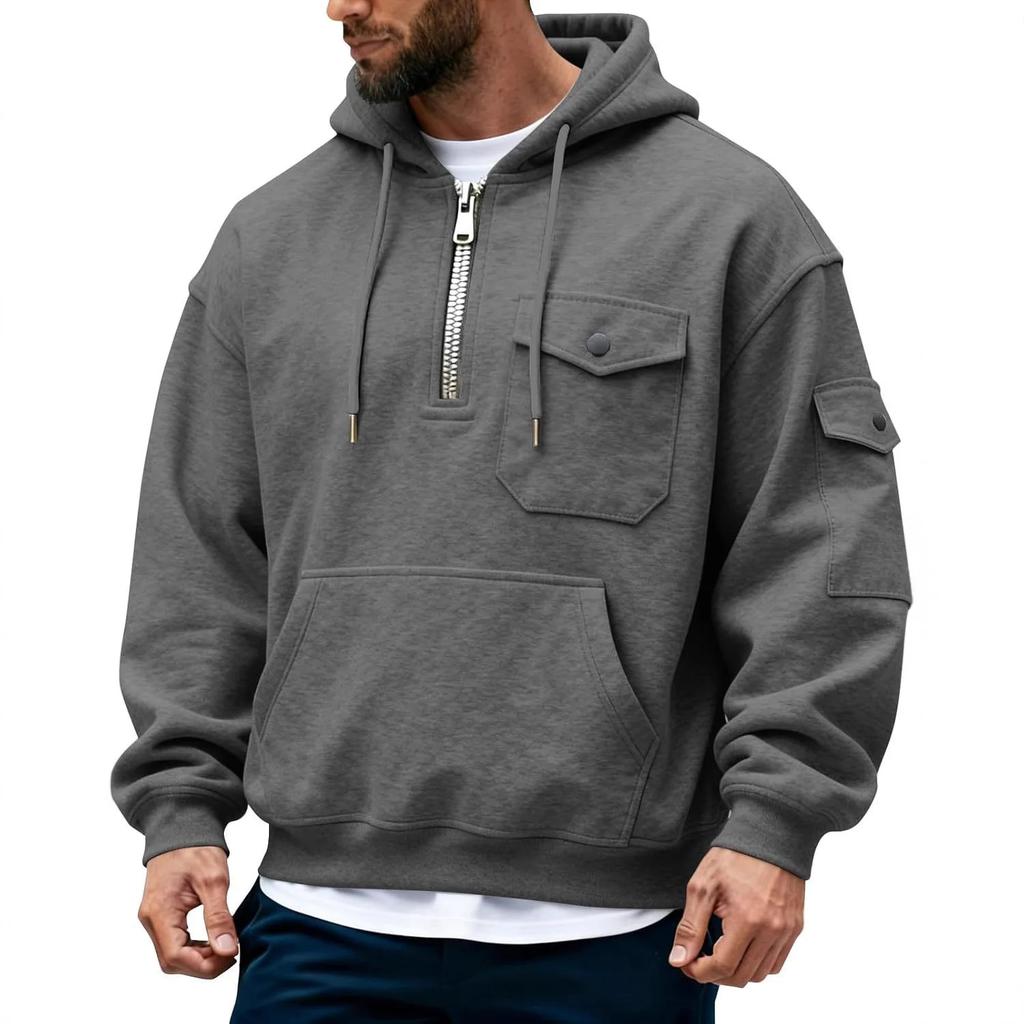 Men's Fleece Hooded Hoodies Long Sleeve Casual Sportswear with Multiple Pockets Autumn Winter Comfortable Sweatshirts