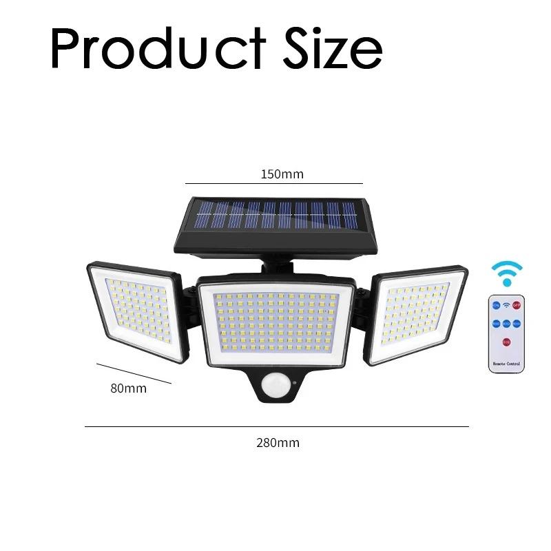 208 LED Solar Outdoor Lights 3 Heads Motion Sensor Security Lamp IP65 Waterproof Remote Control 3 Modes Flood Wall Light