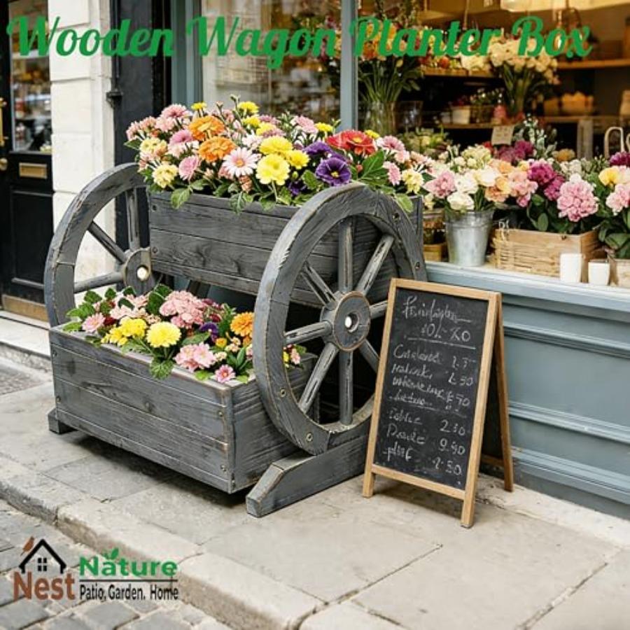 NestNature Wooden Wagon Planter Box Raised Garden Bed Antique Gray Decorative Garden Planters with Wheels for Indoor Outdoor De