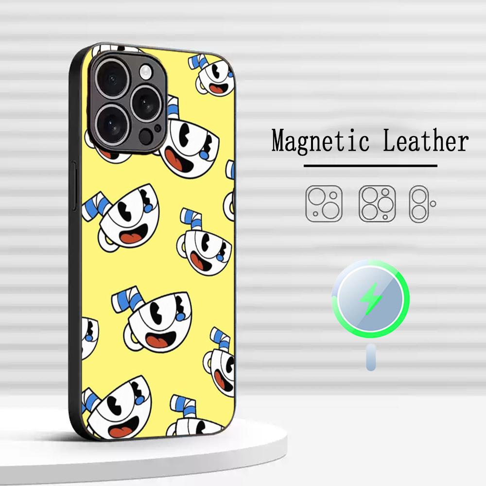 Cute cup-Head classic cartoon pattern Phone Case For iPhone 17 16 15 14 13 12 Plus Pro Max High-end Luxury Magsafe Sheepskin