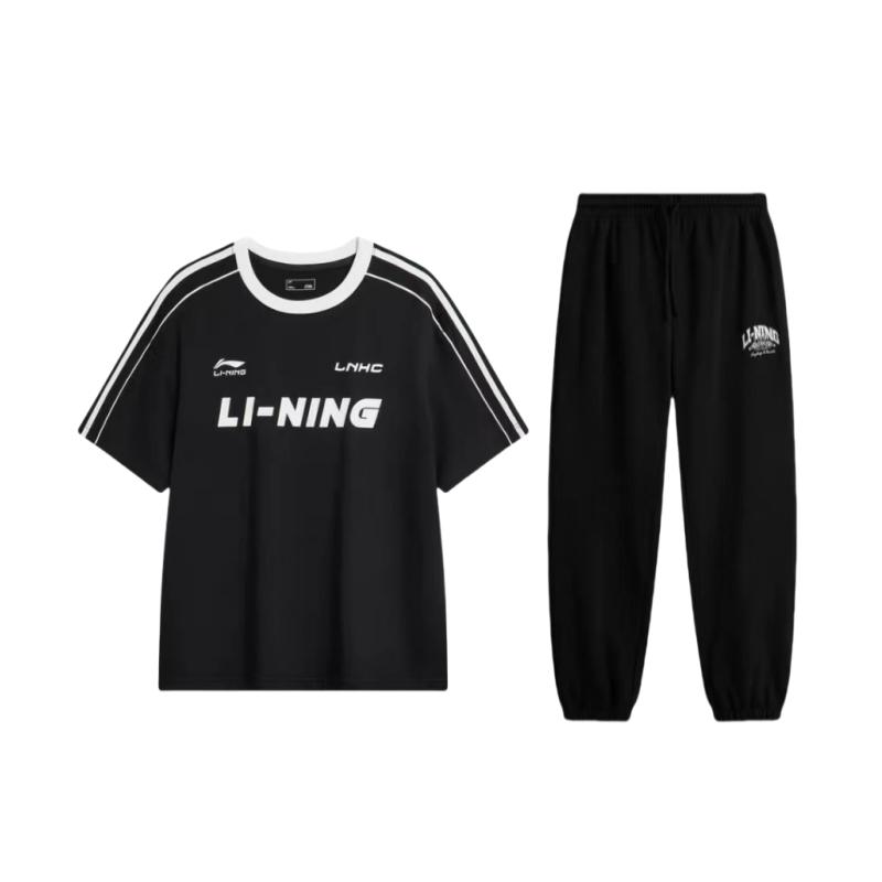 

Li-Ning Футболка с коротким рукавом и логотипом в стиле ретро и удобный повседневный спортивный костюм с зауженными брюками, унисекс, спортивный костюм, черный AHSU657-2+AKLU939-4 XXXL