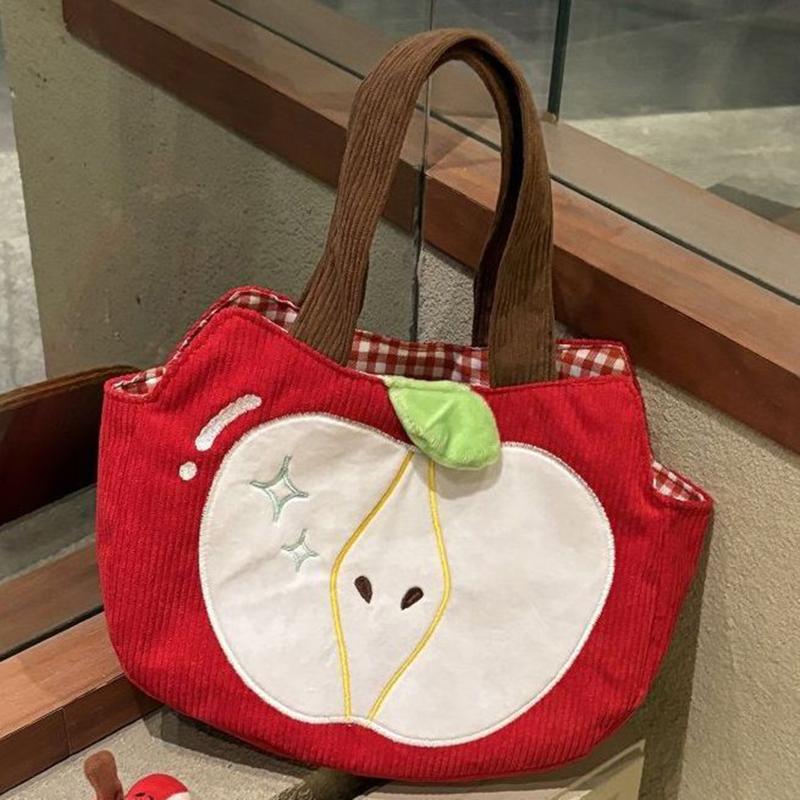 Red Fruit Handbag Creative Cute Corduroy Shoulder Bag Stylish Outing Canvas Bag With Fruit Pendant Casual Versatile Shoulder Bag A1
