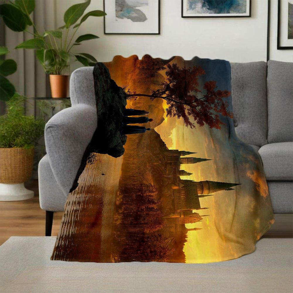 Hogwarts Castle Sunset Fantasy Art PrintBlanket Flannel Throw Blanket for Sofa, Bed, Travel, Camping, Office, Couch, Chair