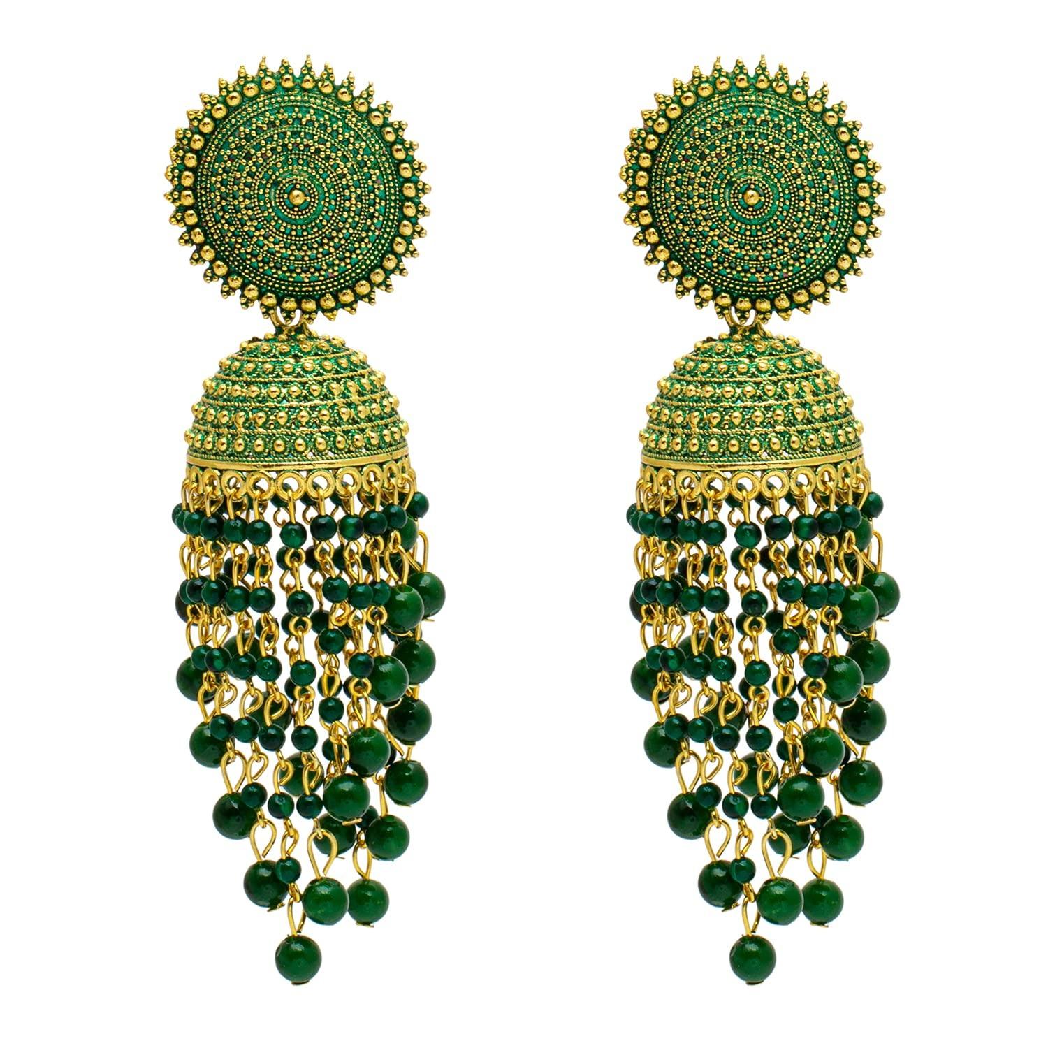 

Women s Traditonal Indian Antique Gold Plated Black Meenakari, CZ, Pearls Jhumka Earrings Onesize
