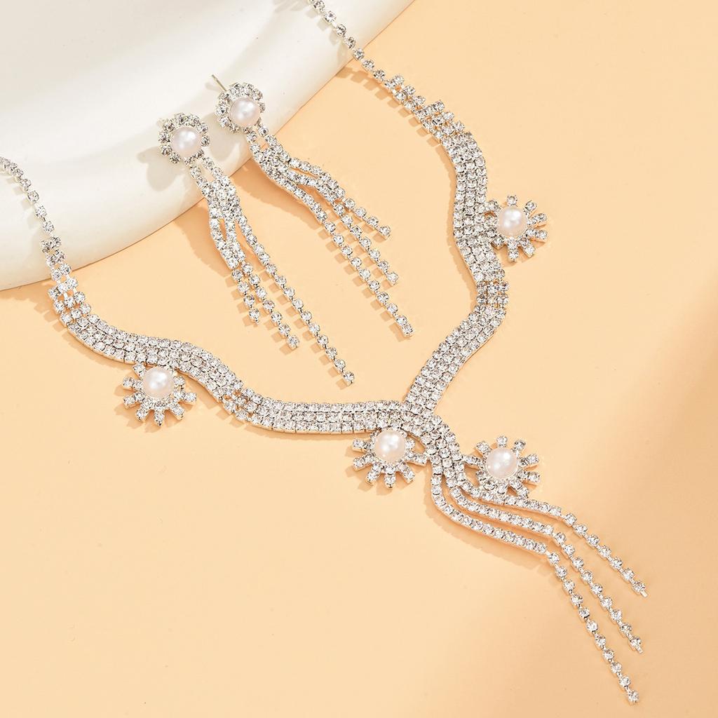Gioielli Moda Sposa Catena Artiglio Strass Perla Delicata Collana Orecchini Combinazione Catena a Due Pezzi