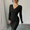 Women's Fashion Ribbed Knitted Bodycon Wrap Midi Dress With V-Neck, Long Sleeves, Button Detail And Slim Fit