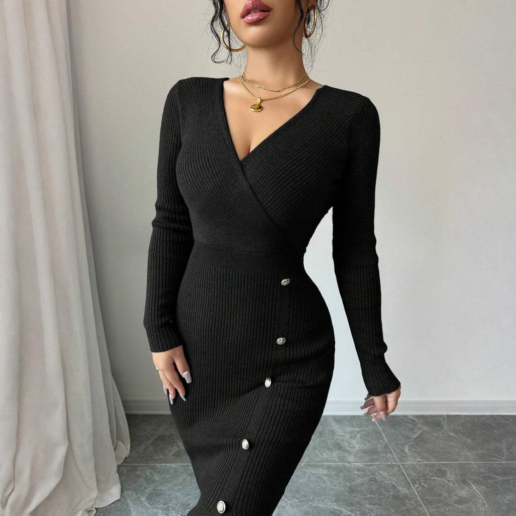 Women's Fashion Ribbed Knitted Bodycon Wrap Midi Dress With V-Neck, Long Sleeves, Button Detail And Slim Fit