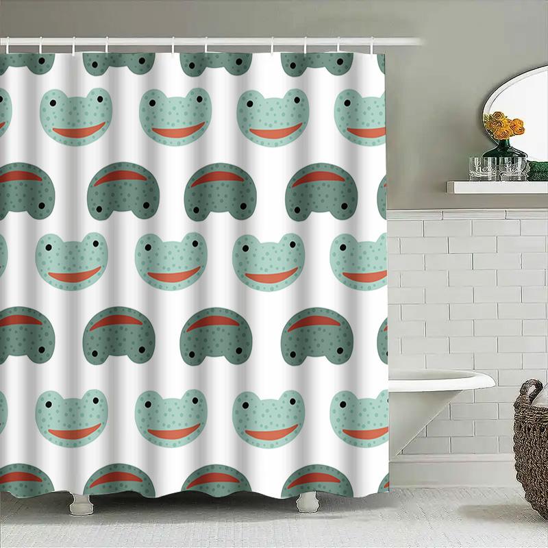 Adorable Green Frog Face Shower Curtain Set For Kids Bathrooms 3D Print Waterproof Polyester Fabric With Hooks Included In Vario