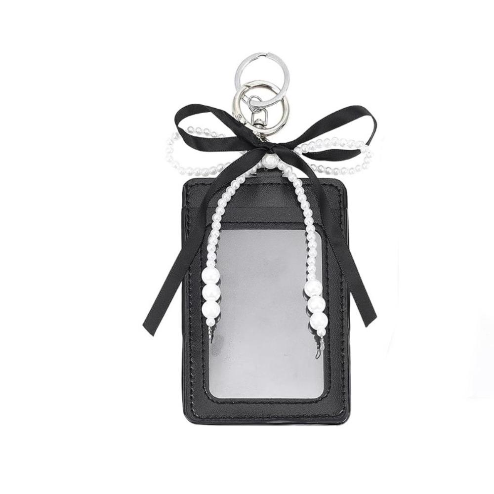 Stylish INS Style Cute Photocard Holder Decorative Pearl Bow Photos Bag Charm Soft PU Protective ID Card Case Bank Card чёрный