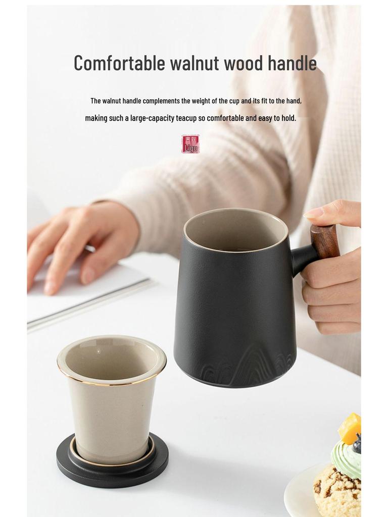 Ceramic Tea Cup with Water Separation, Large Capacity, All-Ceramic Filter, Walnut Wood Handle, Customizable Logo.