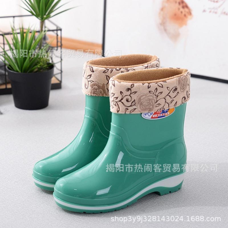 Fashion Medium Tube Rain Shoes Women's Canteen Water Shoes Non-slip Black Women's Rubber Shoes Adult Cotton Thermal Shoes