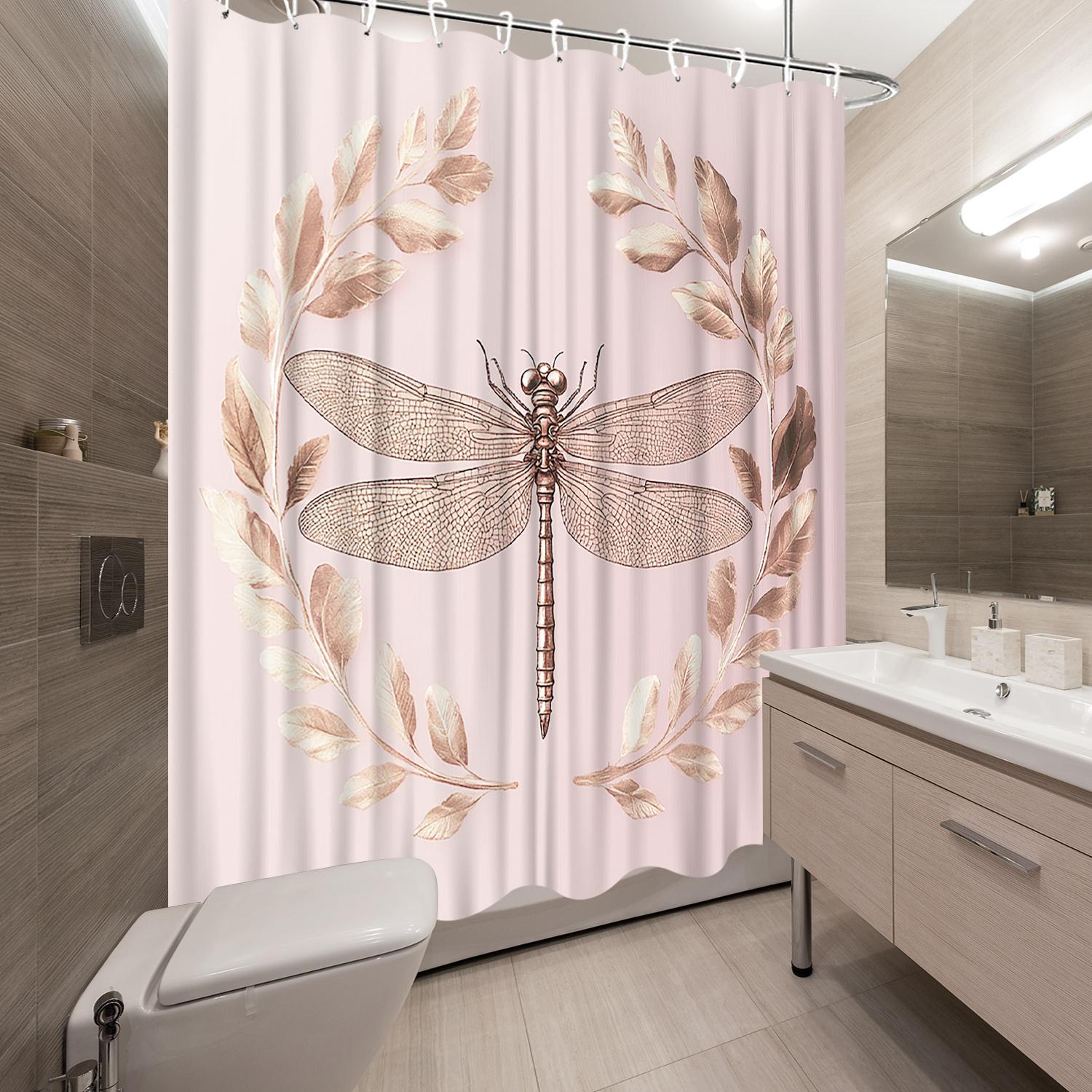 1pc Golden Dragonfly Shower Curtain - Digital Artwork with Intricate Wings, Laurel Wreaths, Soft Pink Gradient W90XH180cm