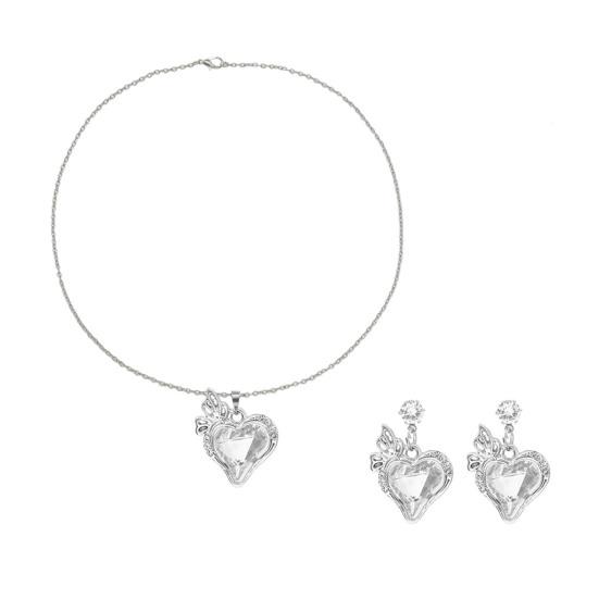 1 Set Love Heart Jewelry Rhinestone Faux Gem Heart Necklace And Earrings Women Heart Pendant Jewelry Set for Wedding Valentine's Day Gift