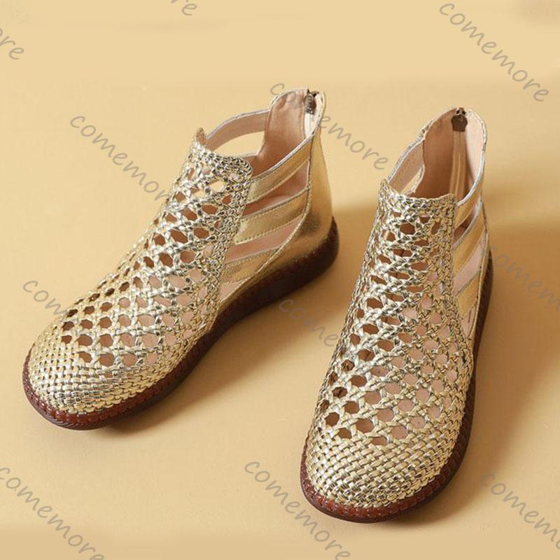 Comemore Round Toe Thick Sole Sneakers Sandals Women Summer 2025 Hollow Out Casual Roman Style Sandales Back Zip Vulcanize Shoes