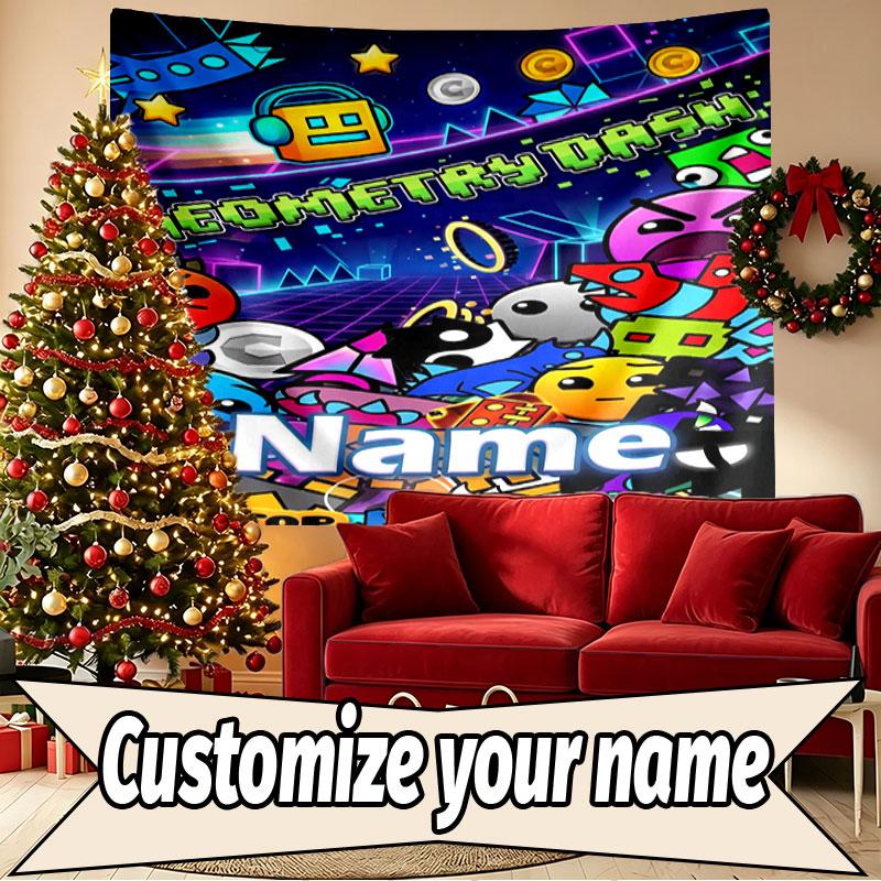 Custom Name Personalized Geometry Dash Print Tapestry, Wall Art Decor, Bedroom, Dorm, Apartment, LivingRoom, Party Backdrop, Gift for Birthday