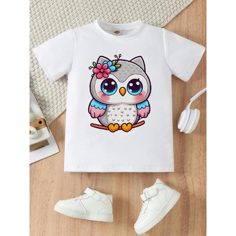 Europäische Größen Mädchen Sommer Cartoon Eulenprint Strick-T-Shirt, Lässiger Rundhalsausschnitt, Mittlere Dehnbarkeit, Bequem und Stilvoll, Rundhalsausschnitt, Normale Passform