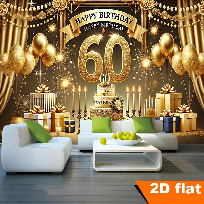 2D Plane - 1 Piece - Luxurious 60th Birthday Polyester Banner - Golden Glitter - Happy Birthday At 60 - Background Cloth
