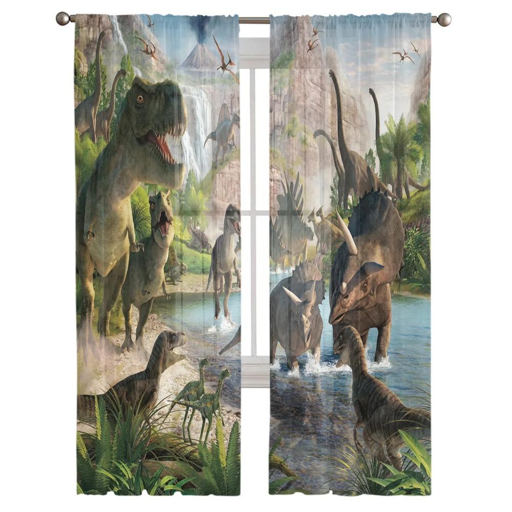 Animated Cartoon Dinosaur Character Soft Tulle Curtains for Living Room Printed Design Transparent Transparent Fabric Curtain Bedroom Window