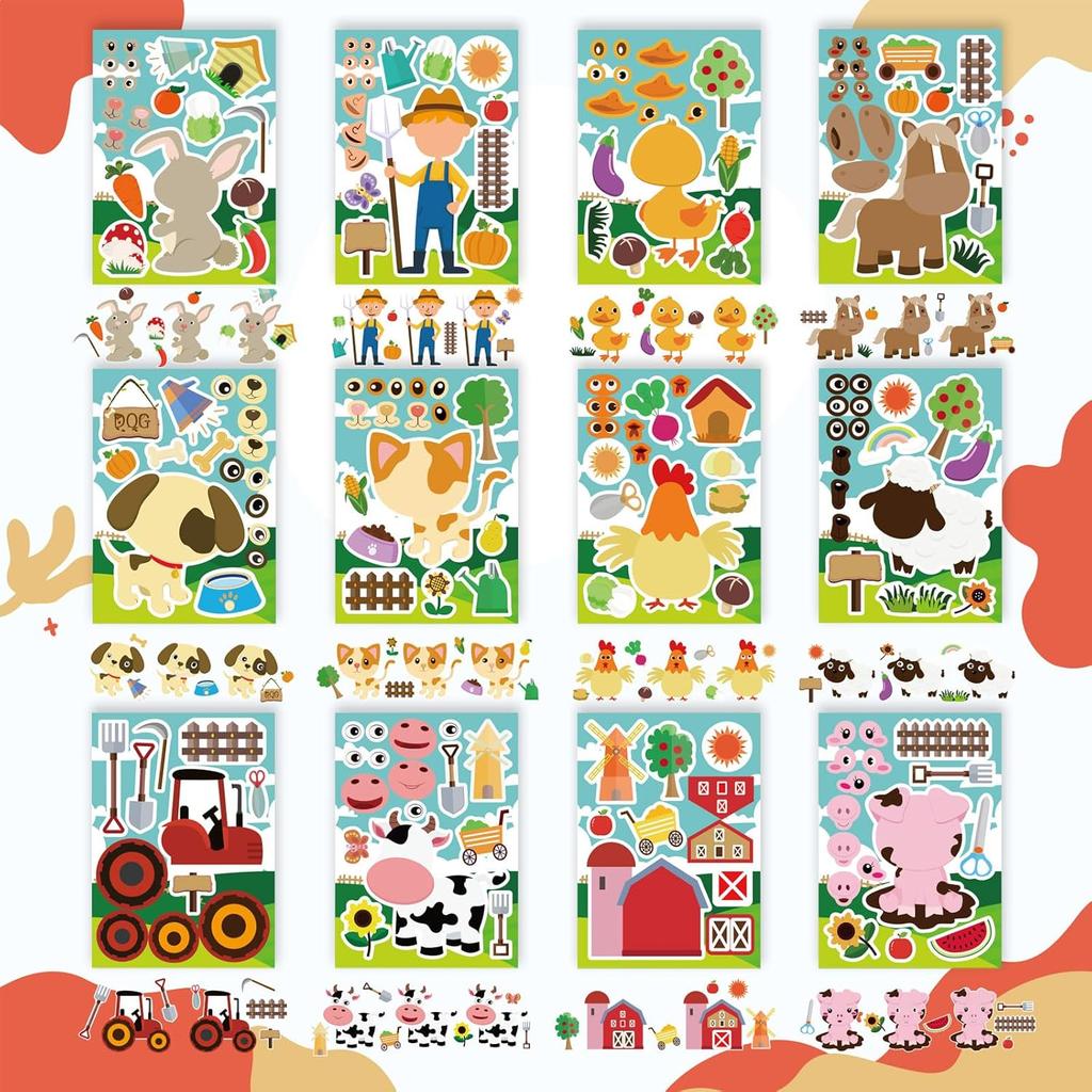 36 PCS Farm Animal Stickers Sheets, Make-a-face Sticker, Make Your Own Stickers for Kids Farm Themed Party Favors Supplies Craft Birthday Gift for