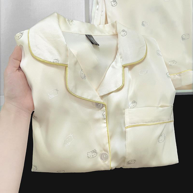Women's Ice Silk Pajama Set: Built-in Bra, Silver Cinnamon Dog & Cat Top, Shorts & Long Pants