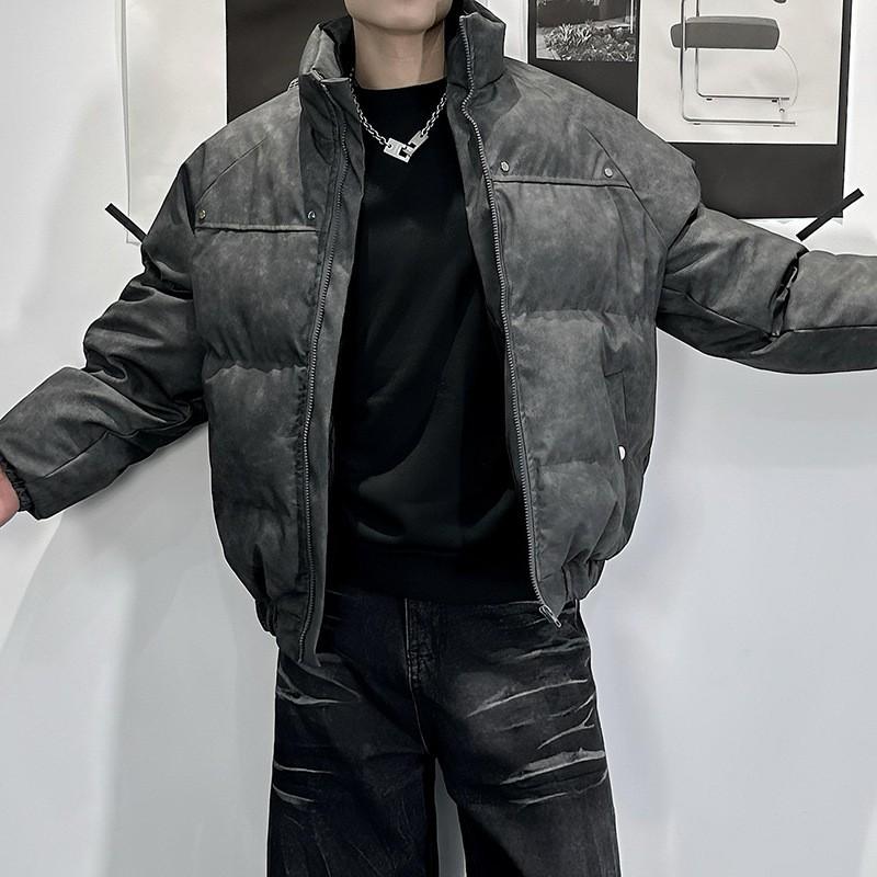 Mens Winter Hip Hop Streetwear Cotton Puffer Jacket Thick Rivet Detail Loose Fit Stand Collar Warm Casual Coat