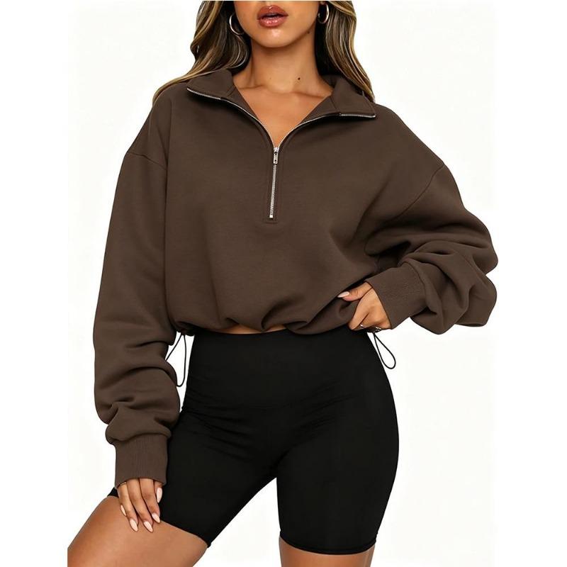 Women S Half Zip Long Sleeve Cropped Sweatshirt With Drawstring Y2k Style
