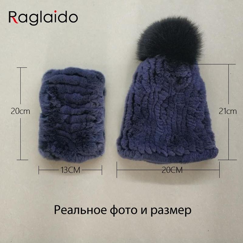 Rabbit Fur Pompom Hat Ring Scarf Set Women's Winter Fashionable Natural Fur Knitted Caps Neck Warmers for Girls Female