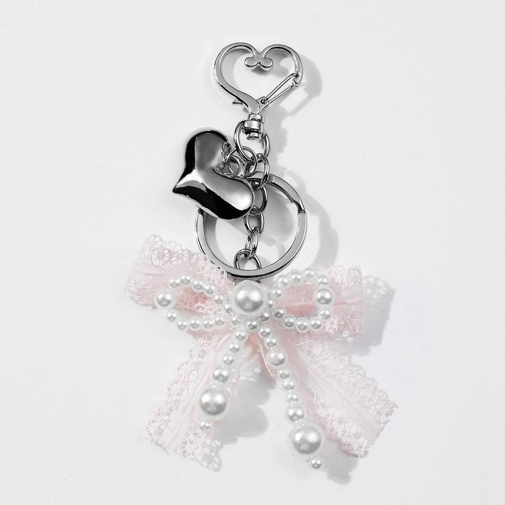 Charming DIY Pearl Lace Bow Heart Pompon Rabbit Keychain Bag Charm