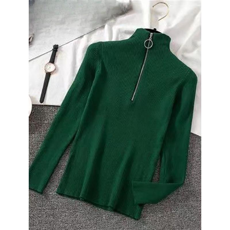 Women Fashion Solid Knitted Sweaters Vintage Long Sleeve Zip-up Basic Half Turtleneck Sweater Female Pullovers Chic Casual Tops