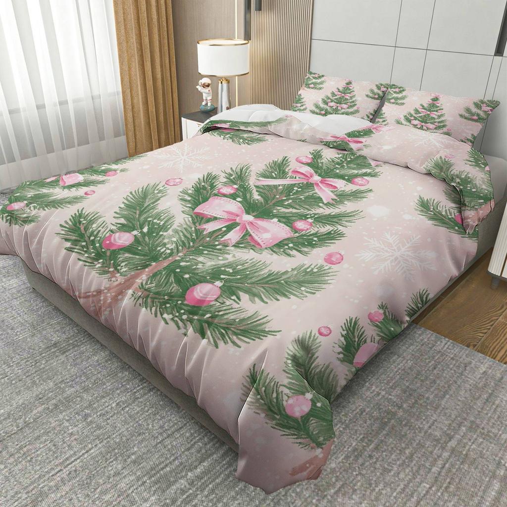 3pcs Festive Christmas Tree & Snowflake Duvet Cover Set - Pink Ribbon Design, Polyester, Zippered, Machine Washable