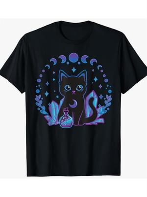 Womens Gothic Witchy Cat TShirt  Black with Purple  Blue Glittery Eyes  Soft Breathable Cotton Tee  Gothic Kitten