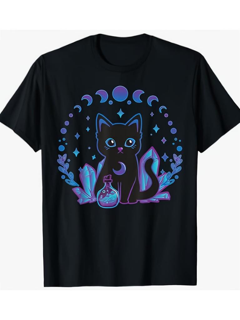 Womens Gothic Witchy Cat TShirt Black with Purple Blue Glittery Eyes Soft Breathable Cotton Tee Gothic Kitten