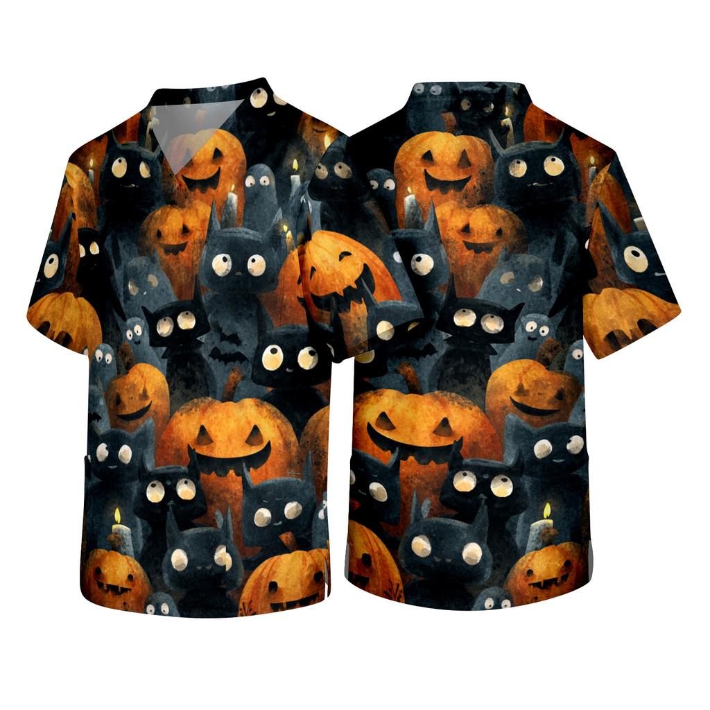 Men's Short Sleeve V Neck Halloween Print Pocket Scrub Top Lightweight Comfortable Fit Medical Uniform Shirt for Healthcare Professionals