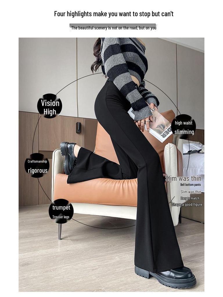 Petit Pantalon Élastique Noir Évasé Amincissant Taille Haute pour Femme Printemps