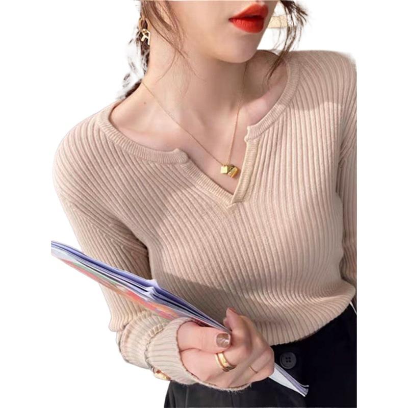 

Топ вязаный с длинным рукавом Весна Осень Женский Облегающий С V-образным вырезом Свитер Слой Базовый слой Приталенная рубашка One Size легкие хаки