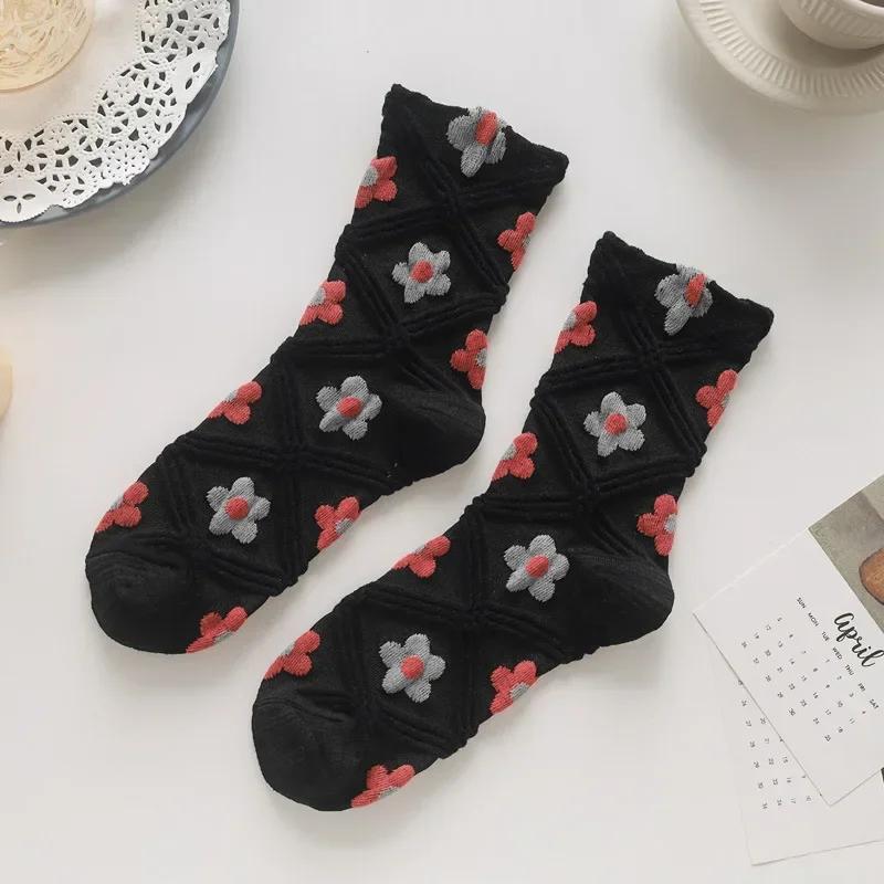Women Socks Korean Japanese Style Cartoon Green Flower Harajuku Cute Kawaii Mid Tube Socks Breathable Casual Short  Cotton Socks