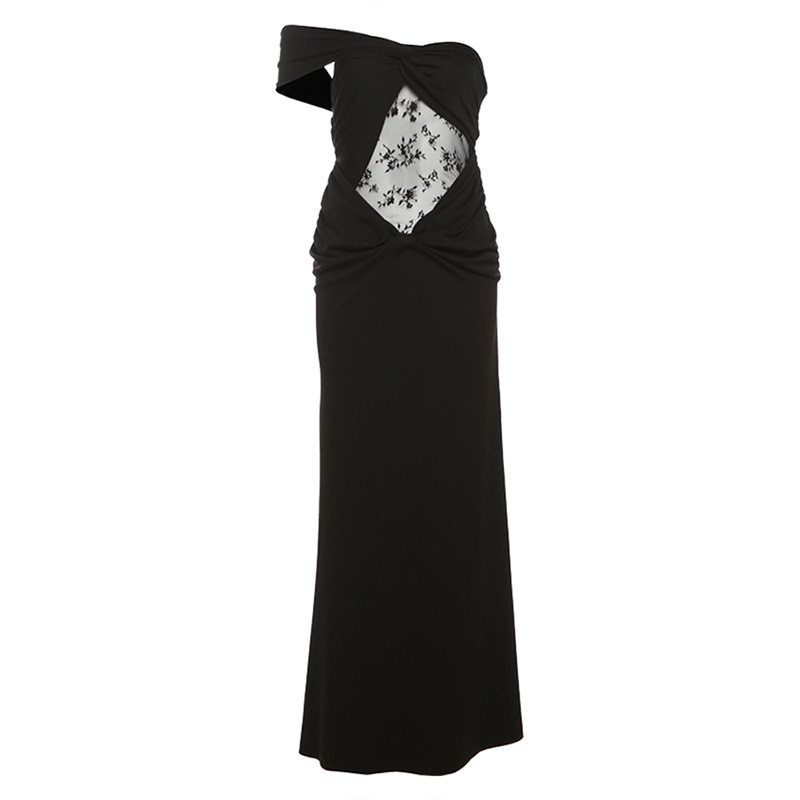 

Cross-Border European and American Style 2025 Summer New Women s Clothing Solid Color Hollow Lace Pattern One-Shoulder Ruched Long Dress Black S