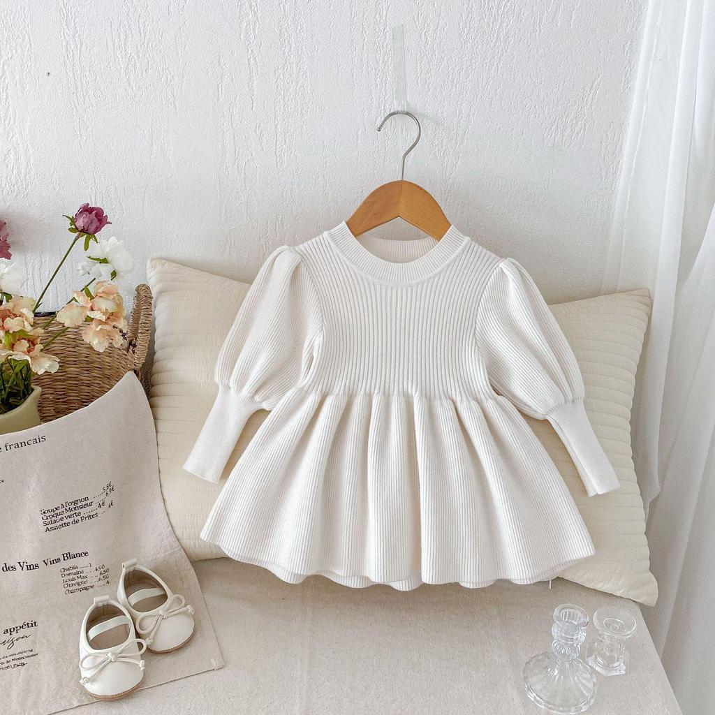 Korean-Style Puff Sleeve Sweater for Girls, 0-5 Years, Autumn Fashion, Knitted Top AY636
