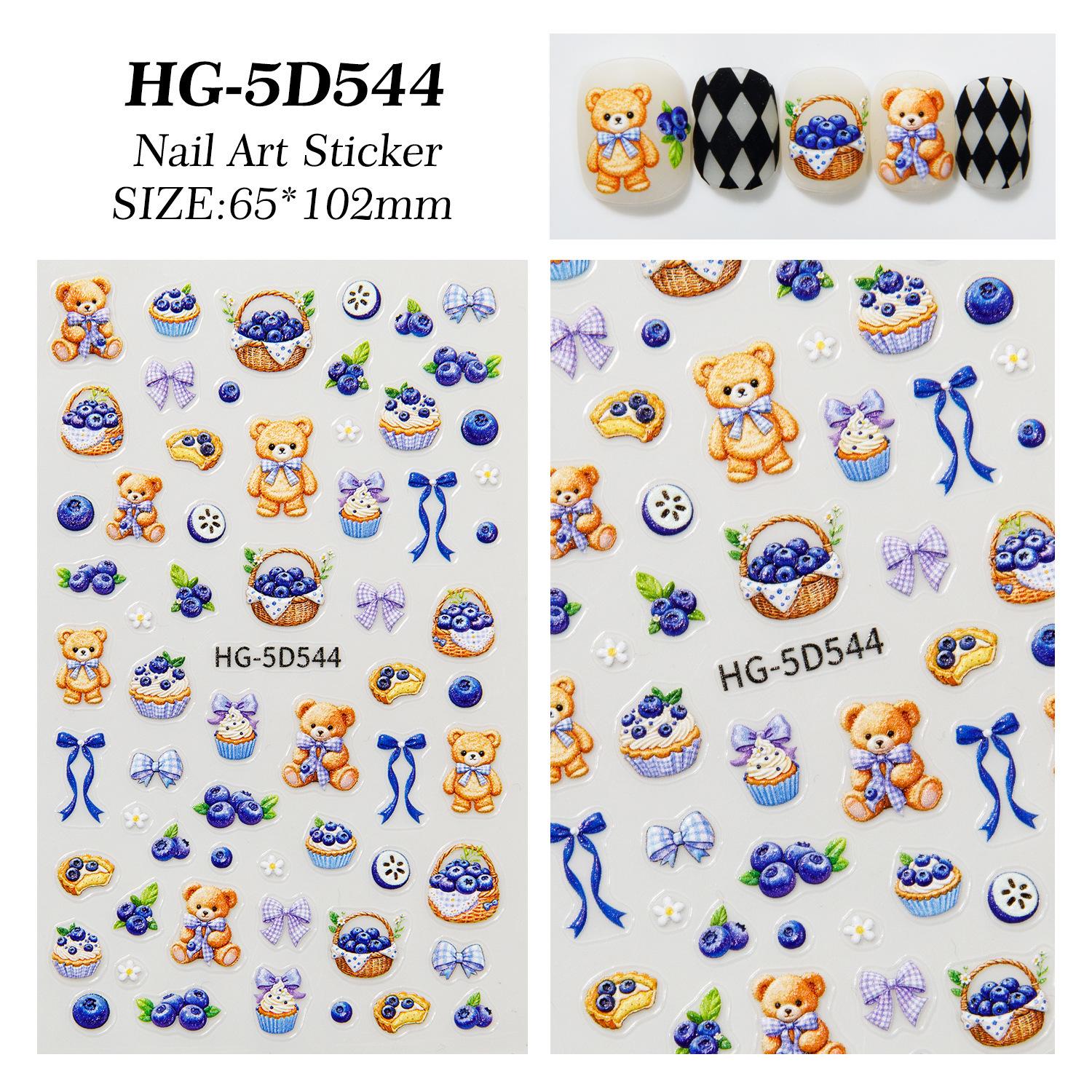 Leopard Print & Bear Design 5D Embossed Cat Nail Stickers with Blueberries.